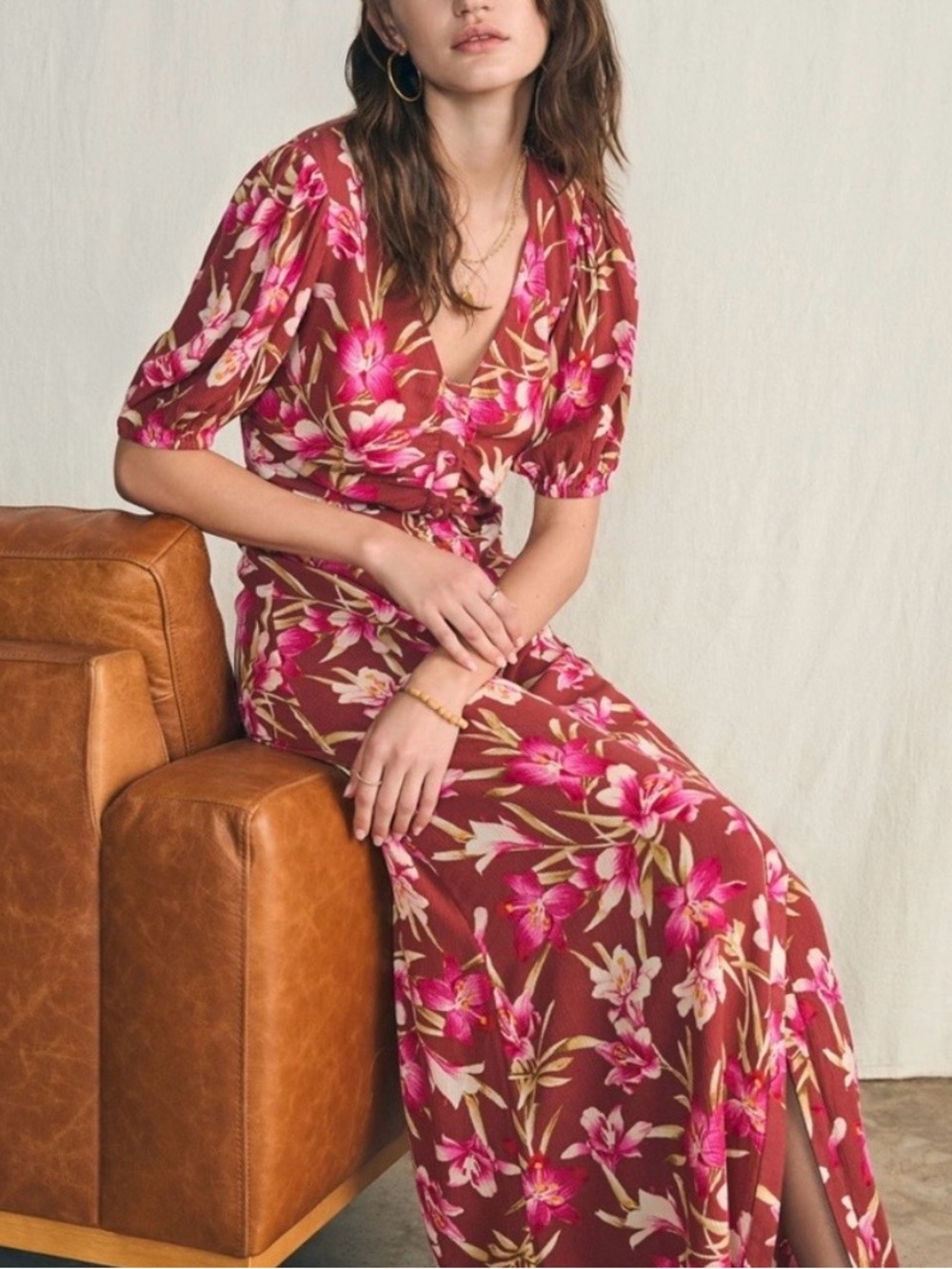NWOT Faherty V-Neck Maxi Dress in Burgundy and Pink